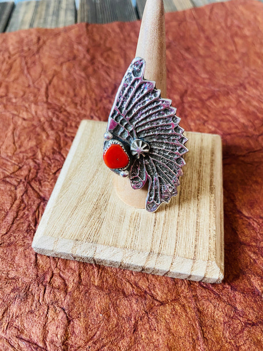 Handcrafted Coral & Sterling Silver Indian Chief Ring Size 9