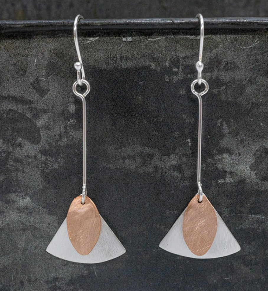 Scoured Copper & Sterling Silver Shaped Drop Earrings