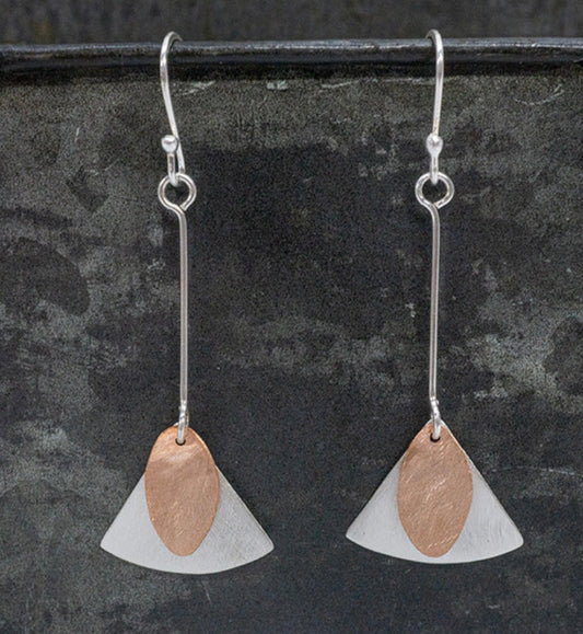 Scoured Copper & Sterling Silver Shaped Drop Earrings