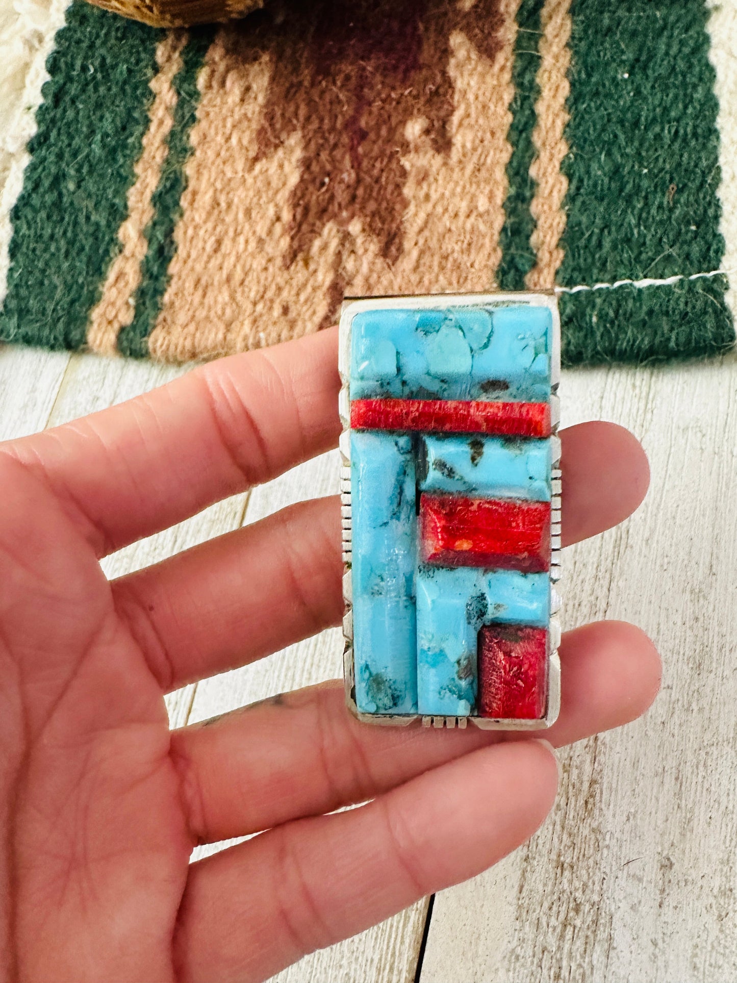 Turquoise, Coral & Sterling Silver Inlay Money Clip