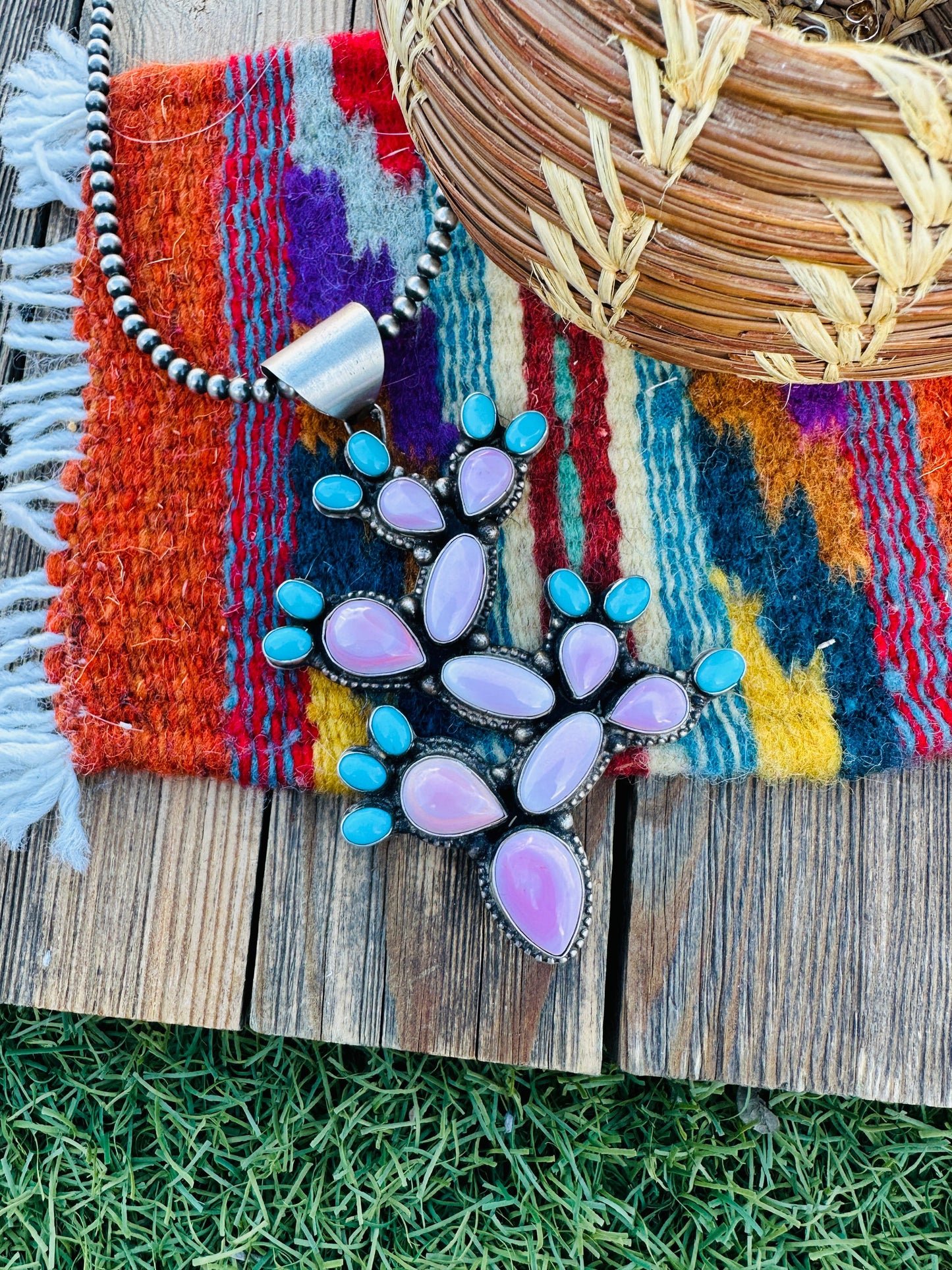 Handcrafted Sterling Silver, Turquoise & Queen Pink Conch Cactus Pendant by Shawn Cayatineto