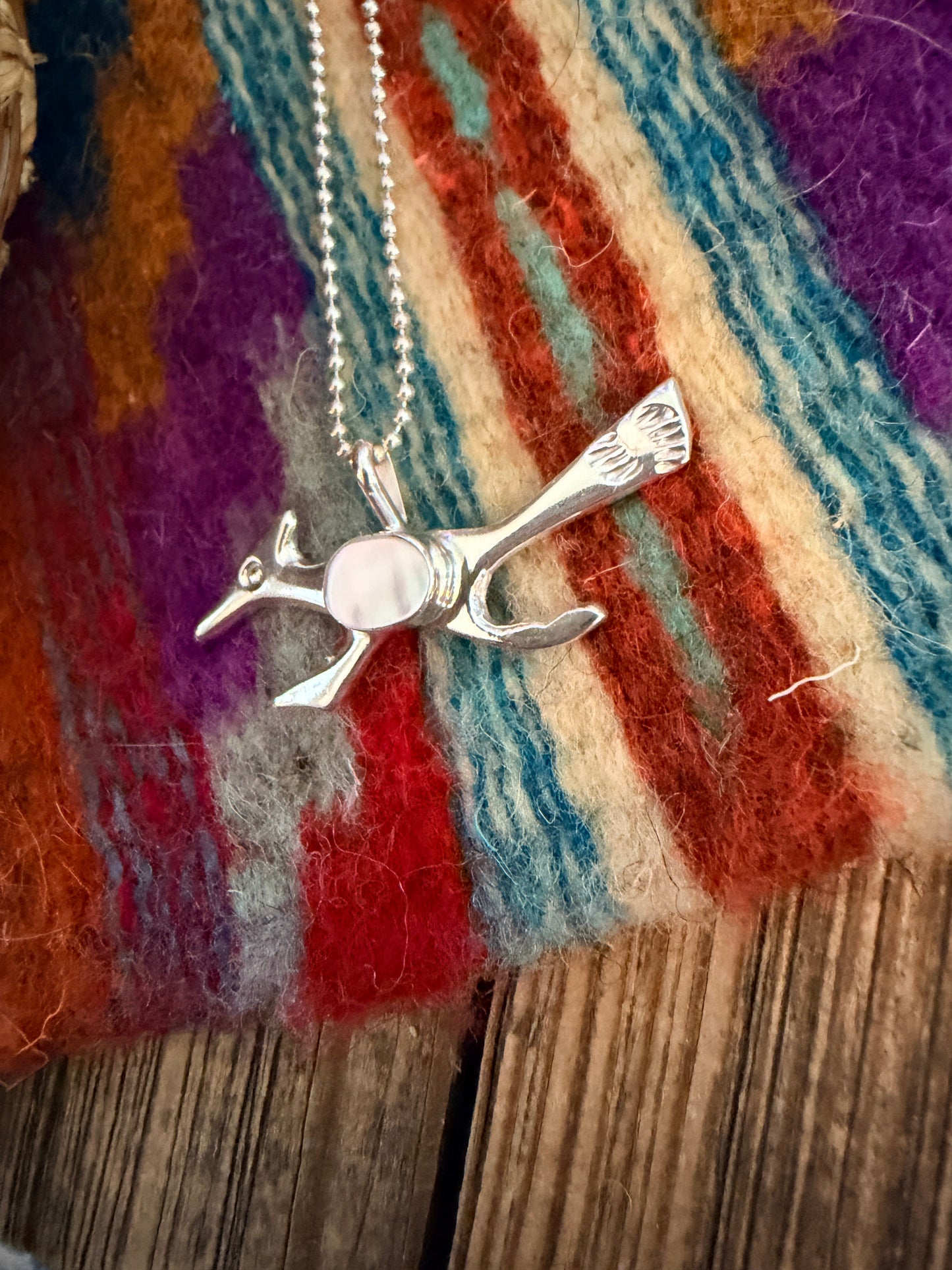 Handcrafted Sterling Silver & Mother of Pearl Road Runner Pendant by Joseph Martinez