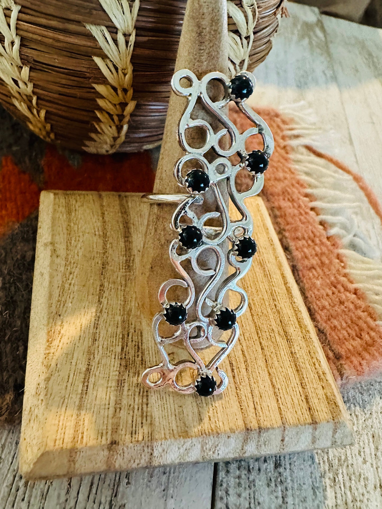 Handcrafted Sterling Silver & Onyx Adjustable Abstract Ring