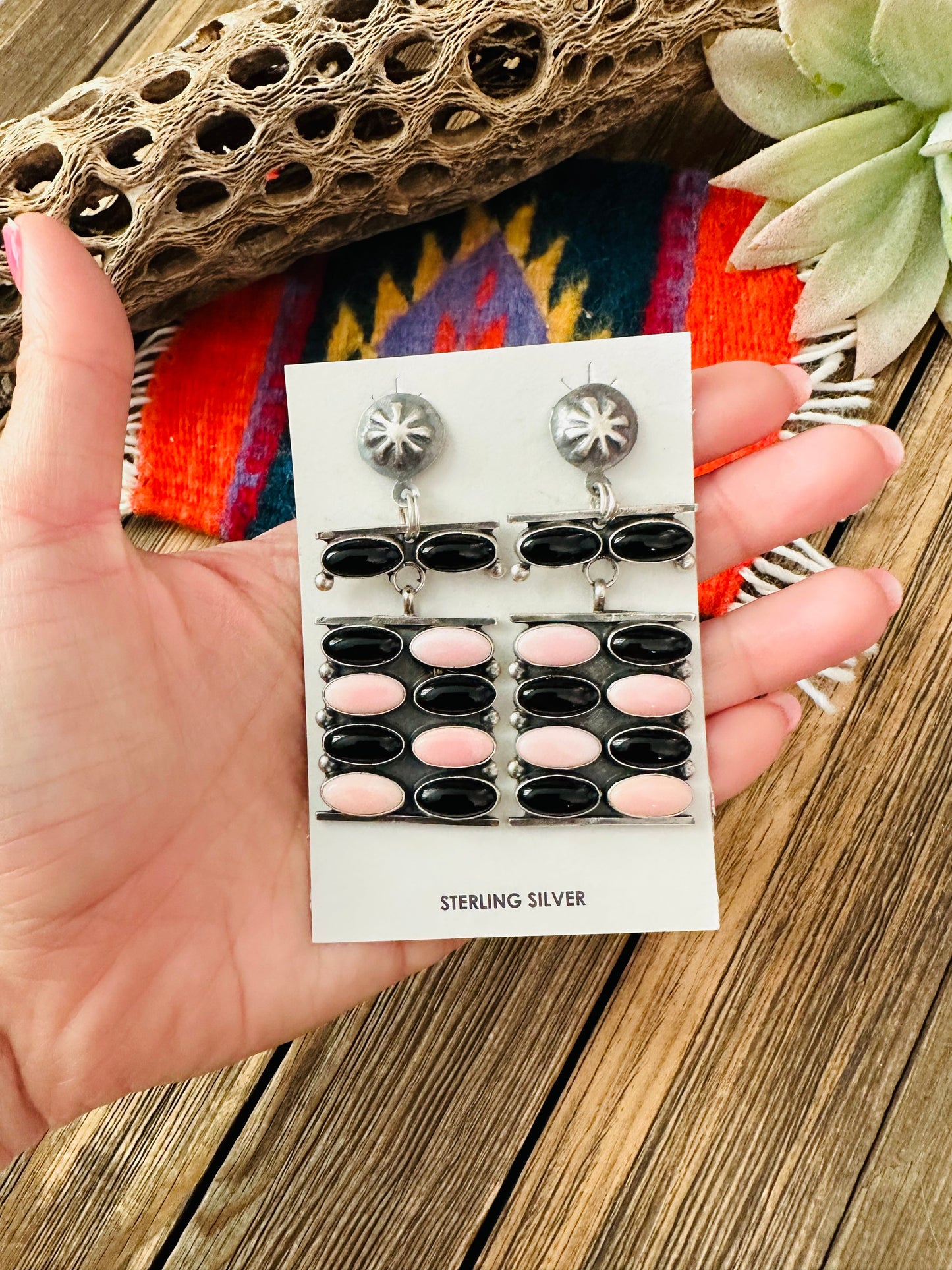 Handcrafted Queen Pink Conch, Onyx & Sterling Silver Dangle Earrings