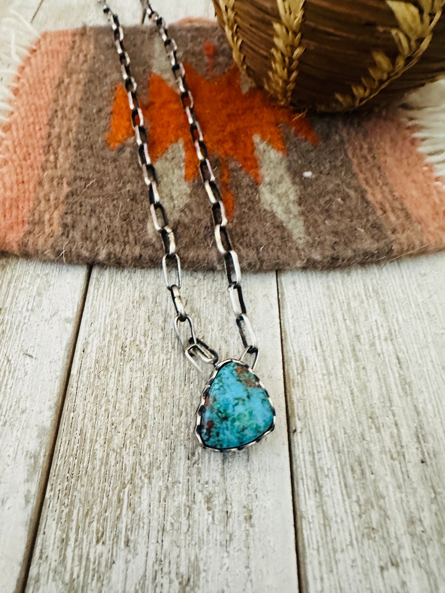 Handcrafted Turquoise & Sterling Silver Paper Clip Chain Necklace