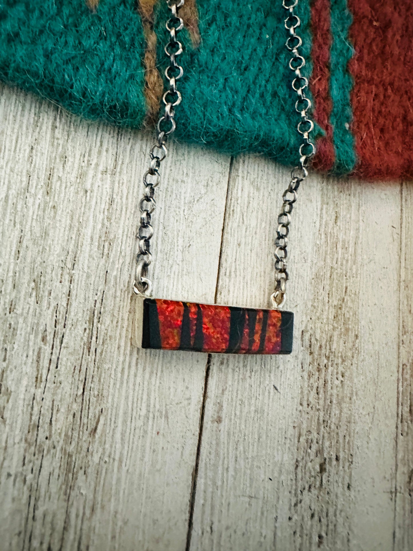 Handcrafted Opal, Onyx & Sterling Silver Inlay Bar Necklace