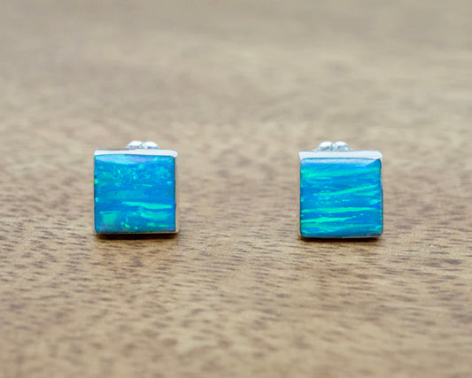 Square Light Blue Opal Sterling Silver Studs