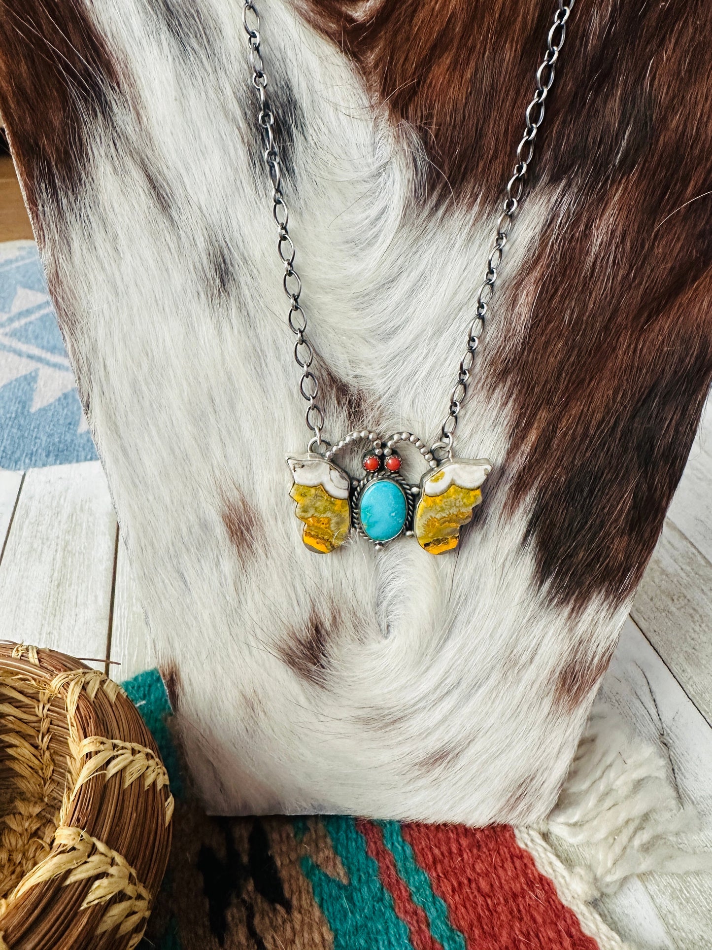 Handcrafted Sterling Silver, Bumblebee, Turquoise & Coral Butterfly Necklace by Patrick Yazzie