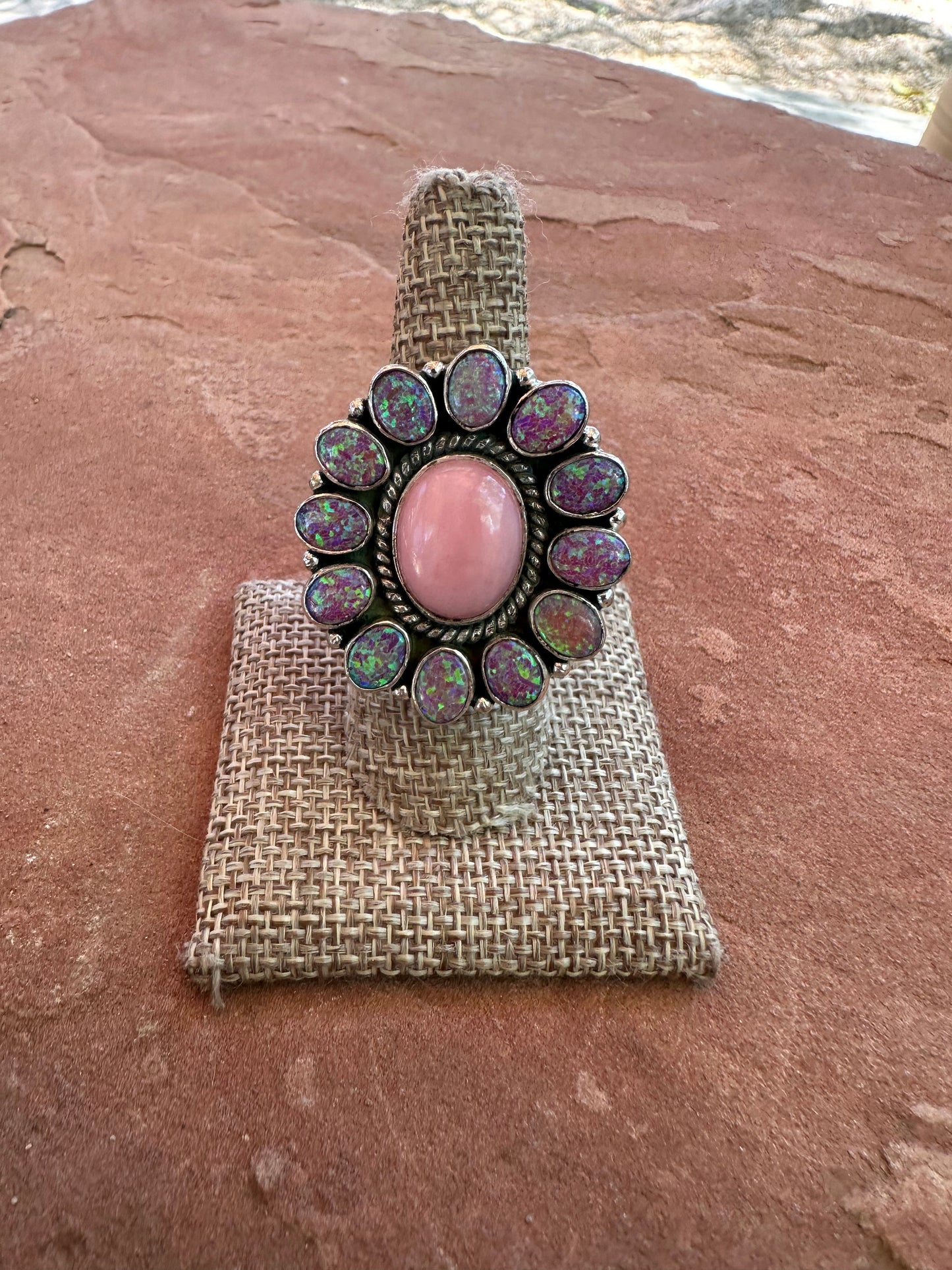 Handmade Pink Conch, Light Purple Fire Opal & Sterling Silver Adjustable Ring- oval