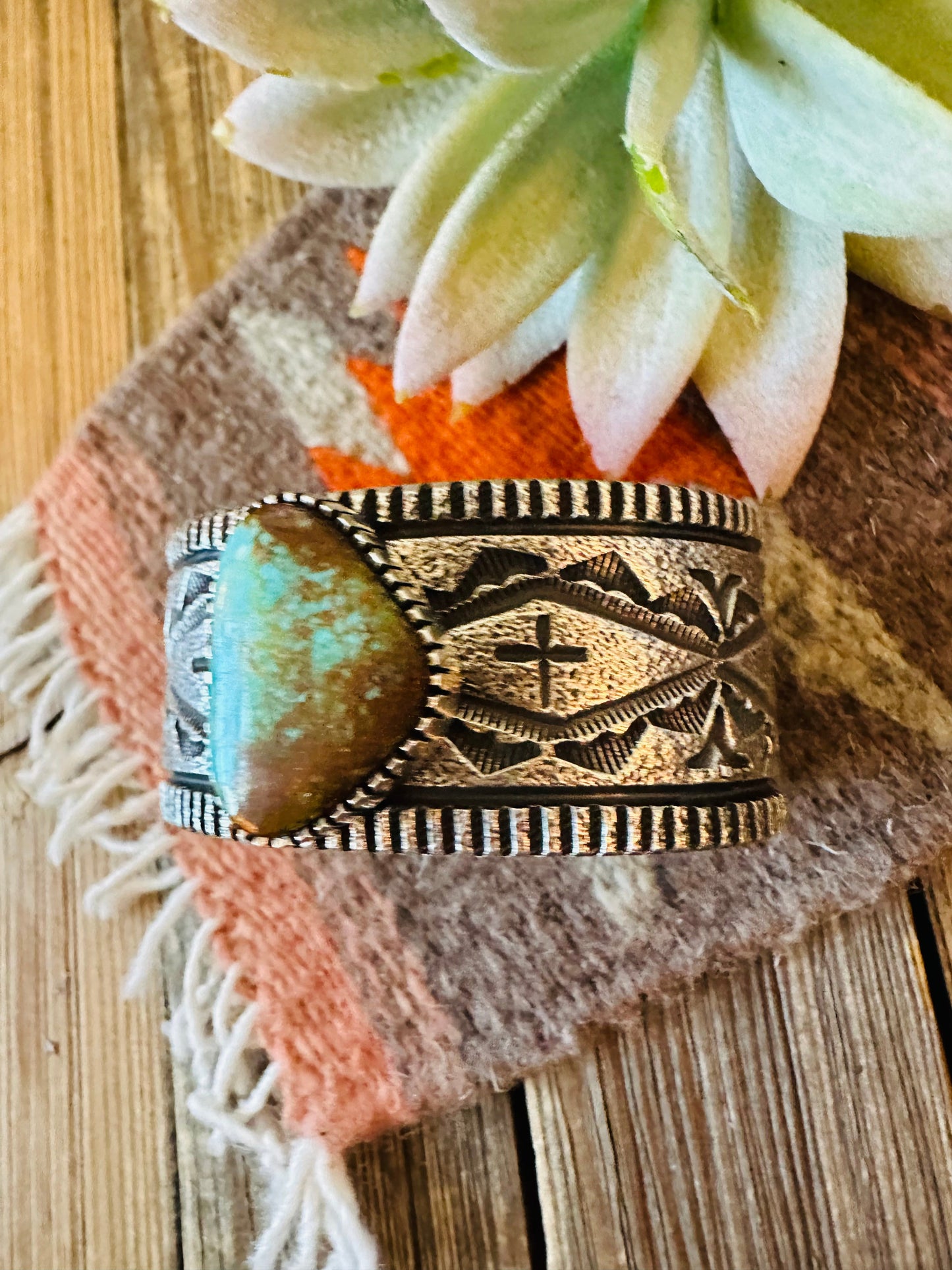 Navajo Royston Turquoise & Sterling Silver Tufa Cast Cuff Bracelet Signed