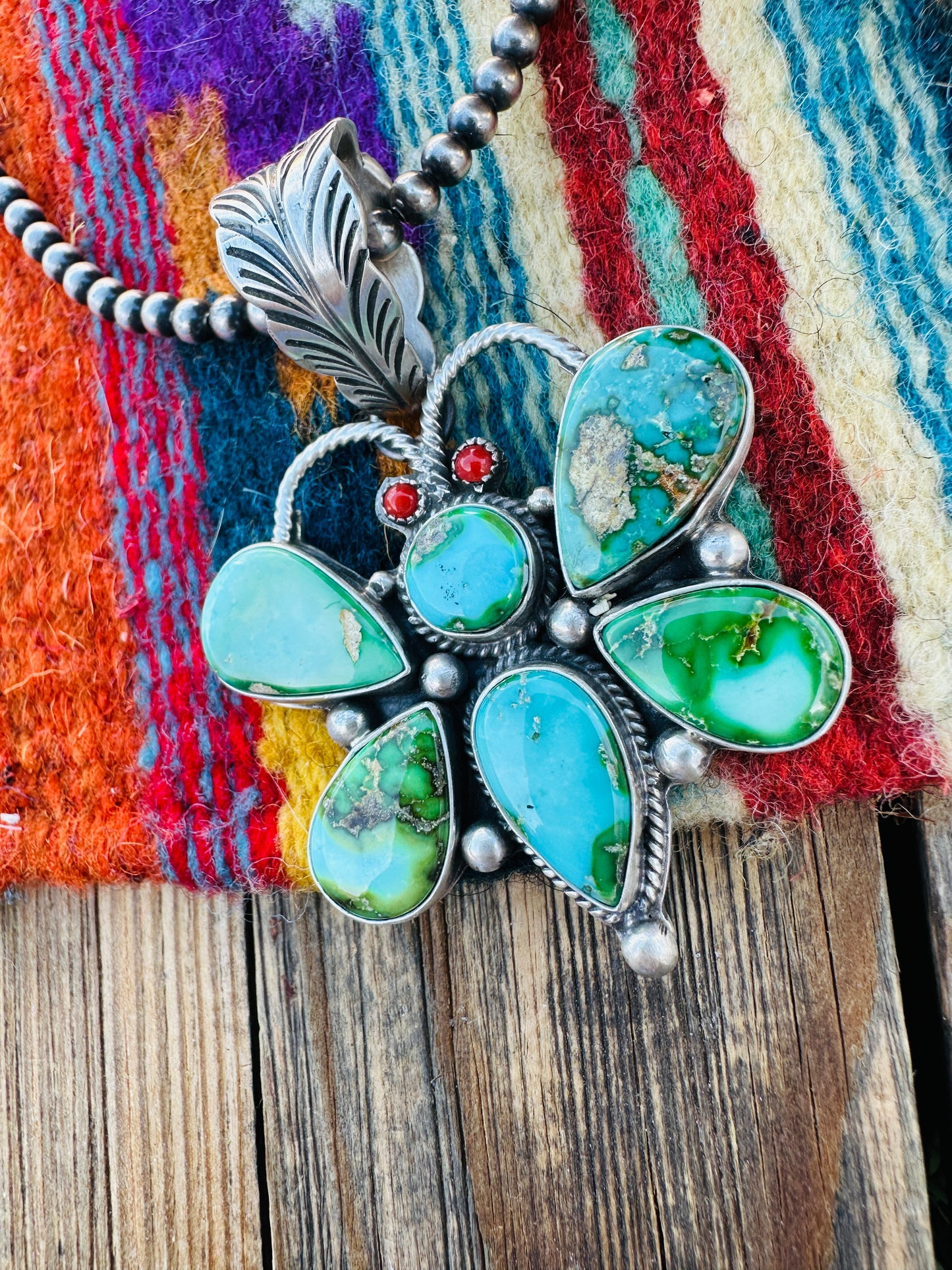 Handcrafted Sterling Silver, Turquoise & Coral Dragonfly Pendant by Emer Thompson