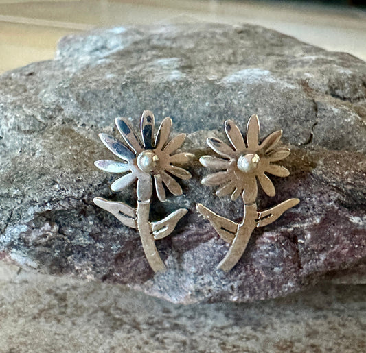 Daisy Flower with Stem Sterling Silver Earrings