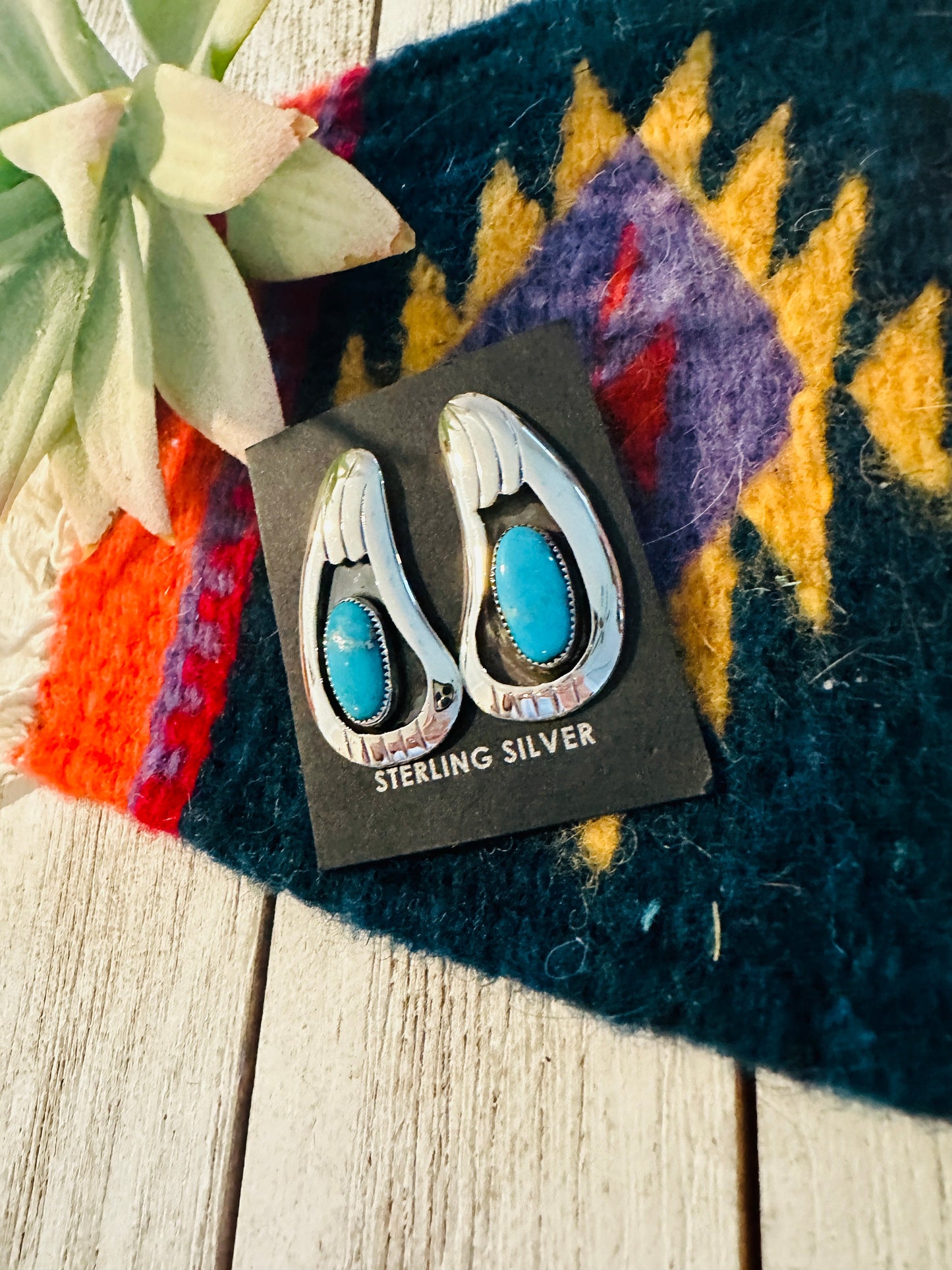 Navajo Kingman Turquoise and Sterling Silver Shadowbox Earrings