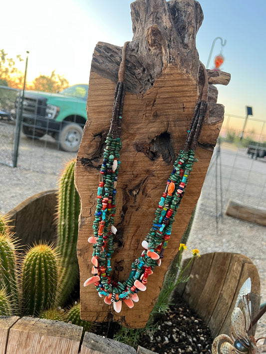 Gorgeous Handcrafted Made Six Strand Turquoise and Spiny Oyster Beaded Squaw Wrap Necklace, Green
