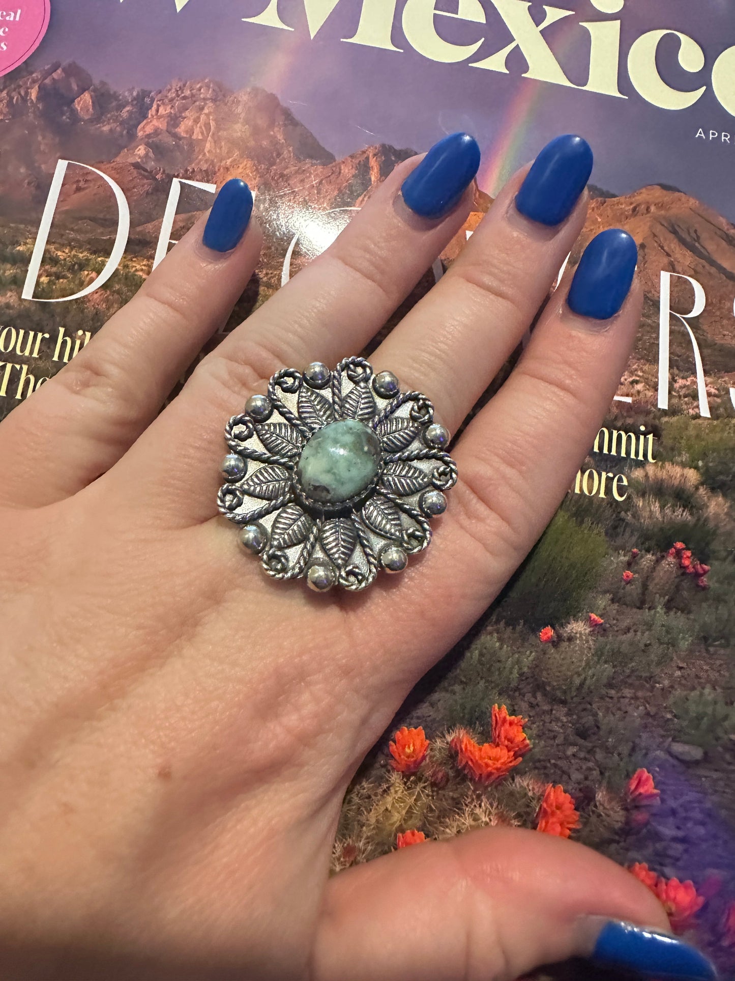 Handmade Sterling Silver Palomino Turquoise  Adjustable FLOWER Ring Signed Nizhoni