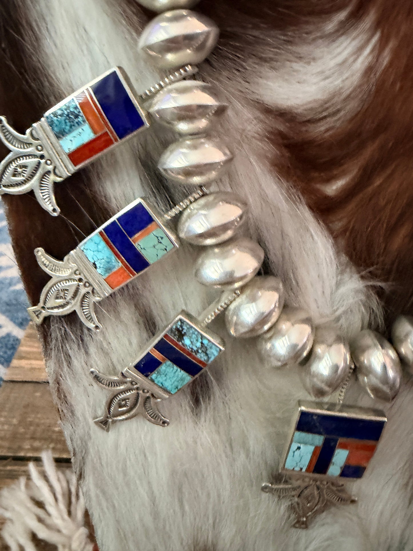 Handcrafted Sterling Silver & Multi Stone Inlay Beaded Necklace by Ray Tracey