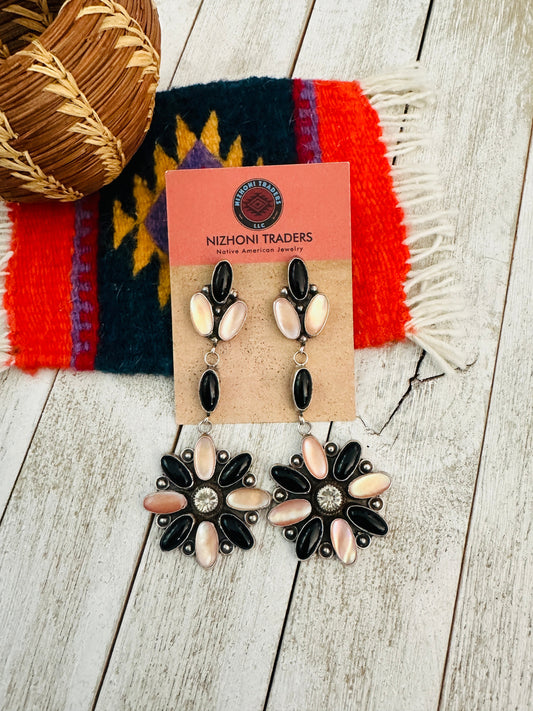 Handcrafted Mother of Pearl, Onyx & Sterling Silver Flower Dangle Earrings