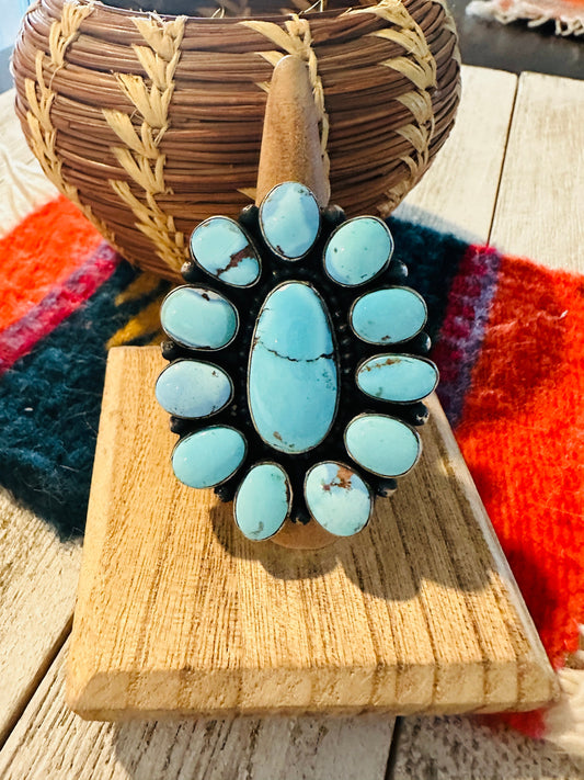 Handcrafted Golden Hills Turquoise & Sterling Silver Cluster Ring by Blaine Yellowhorse, Size 7