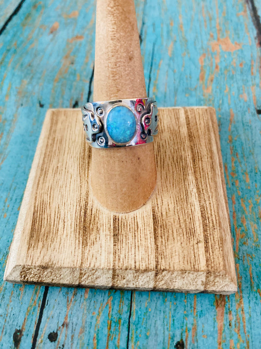 Handcrafted Thunderbird Sterling Silver & Blue Opal Ring Size 8