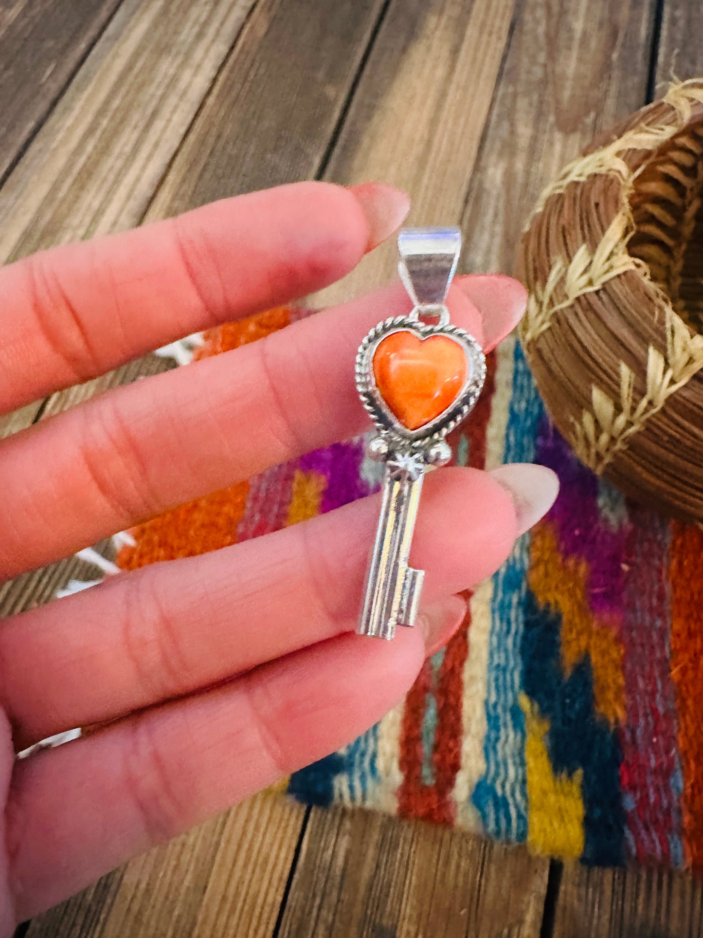 Handcrafted Spiny Oyster & Sterling Silver Heart Key Pendant