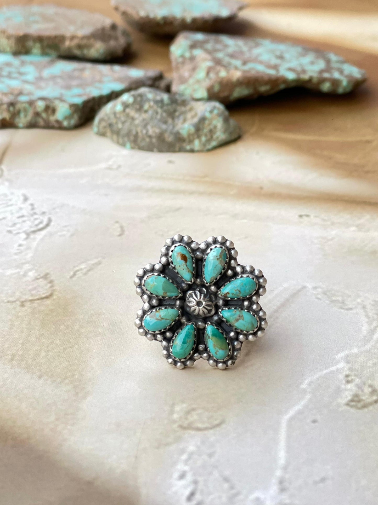 Handmade Turquoise & Sterling Adjustable Flower Ring