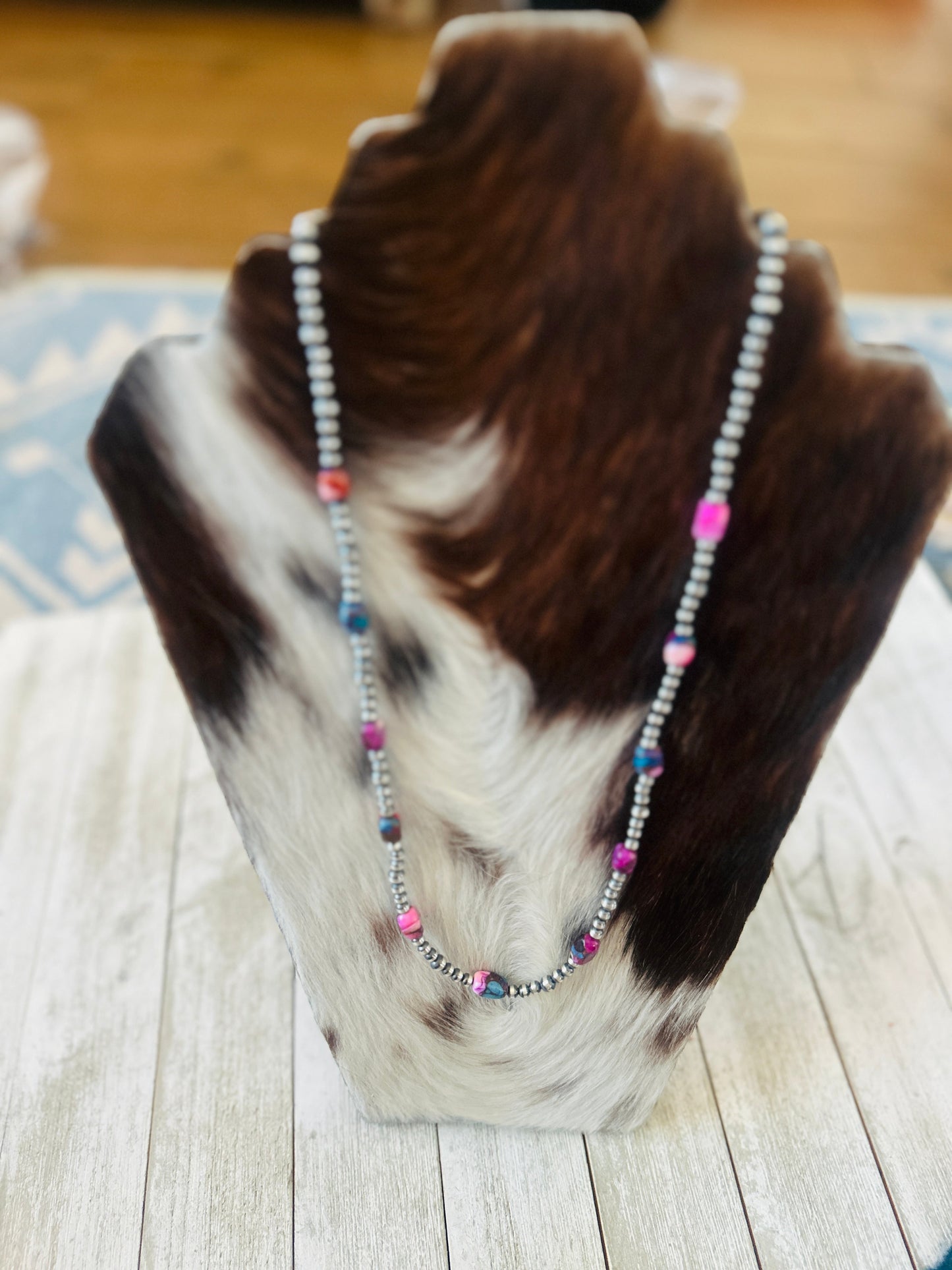 Handcrafted Sterling Silver & Pink Dream Mojave  Beaded 24” Necklace