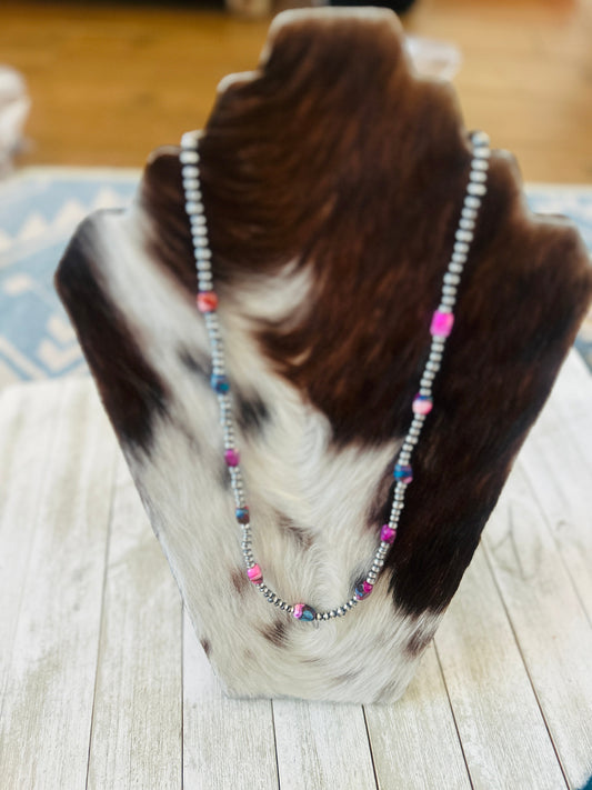 Handcrafted Sterling Silver & Pink Dream Mojave  Beaded 24” Necklace