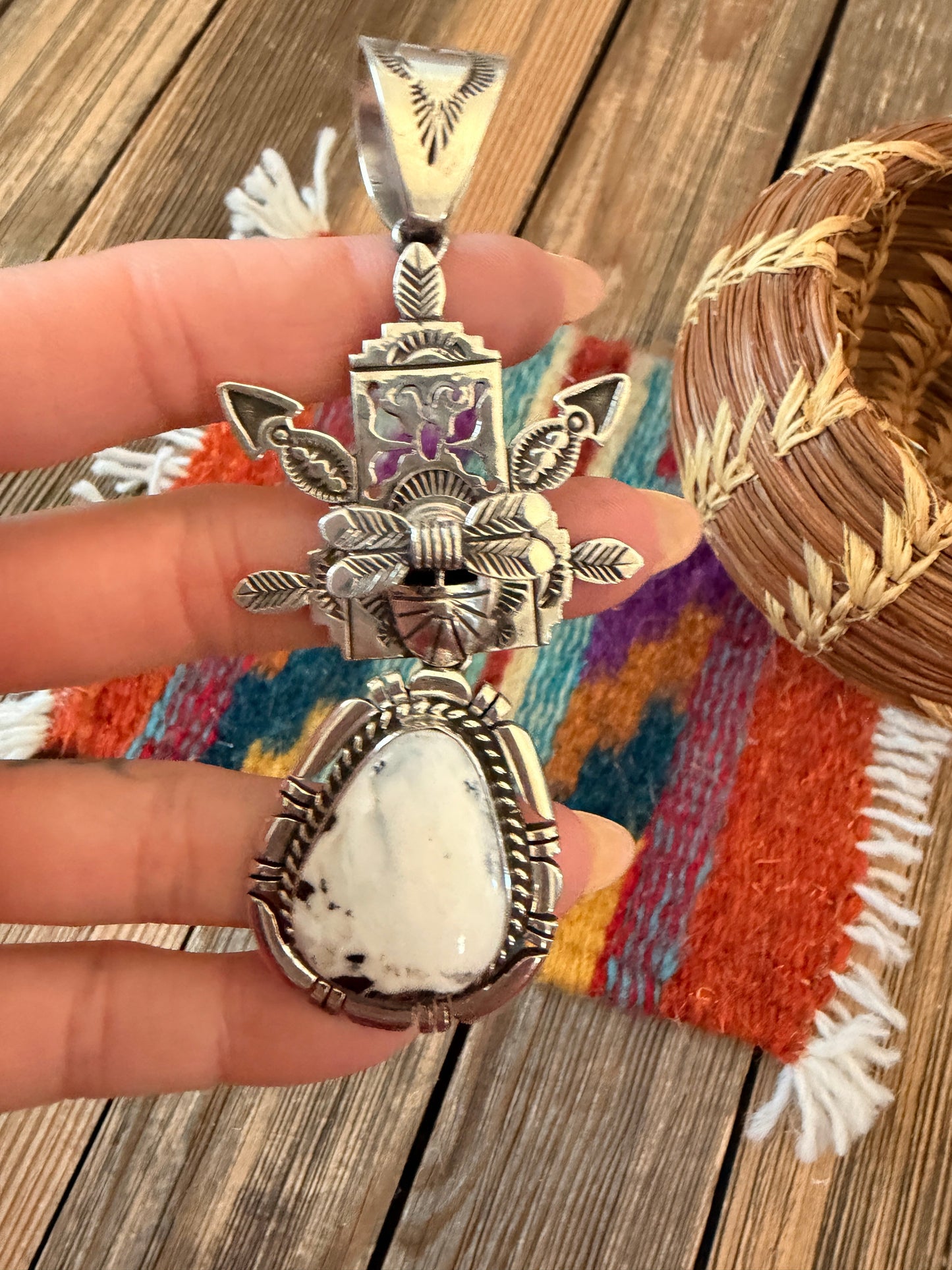 Handcrafted Sterling Silver and White Buffalo Kachina Pendant by Freddy Charley
