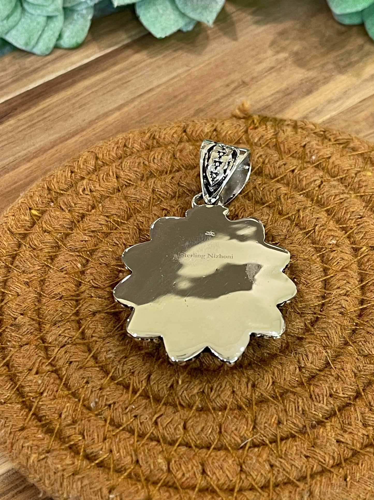 Handmade Golden Hills Turquoise, Sterling Silver & CZ Cluster Pendant Signed Nizhoni