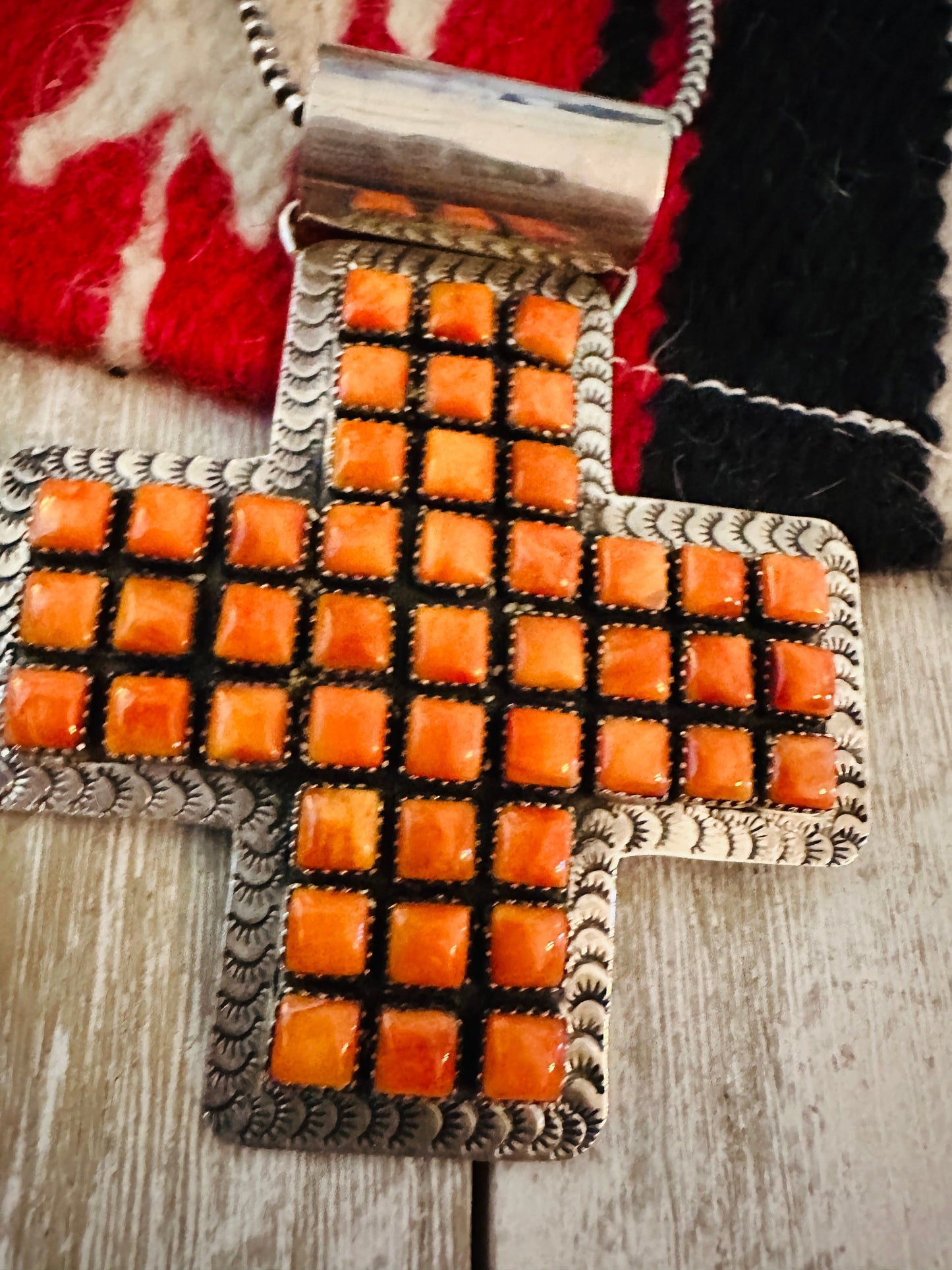 Handcrafted Sterling Silver & Orange Spiny Cross Pendant by Marcella James