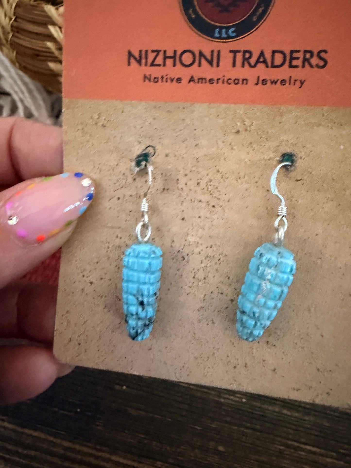 Hand Carved Turquoise Corn Dangle Earrings by Daniel Aguilar