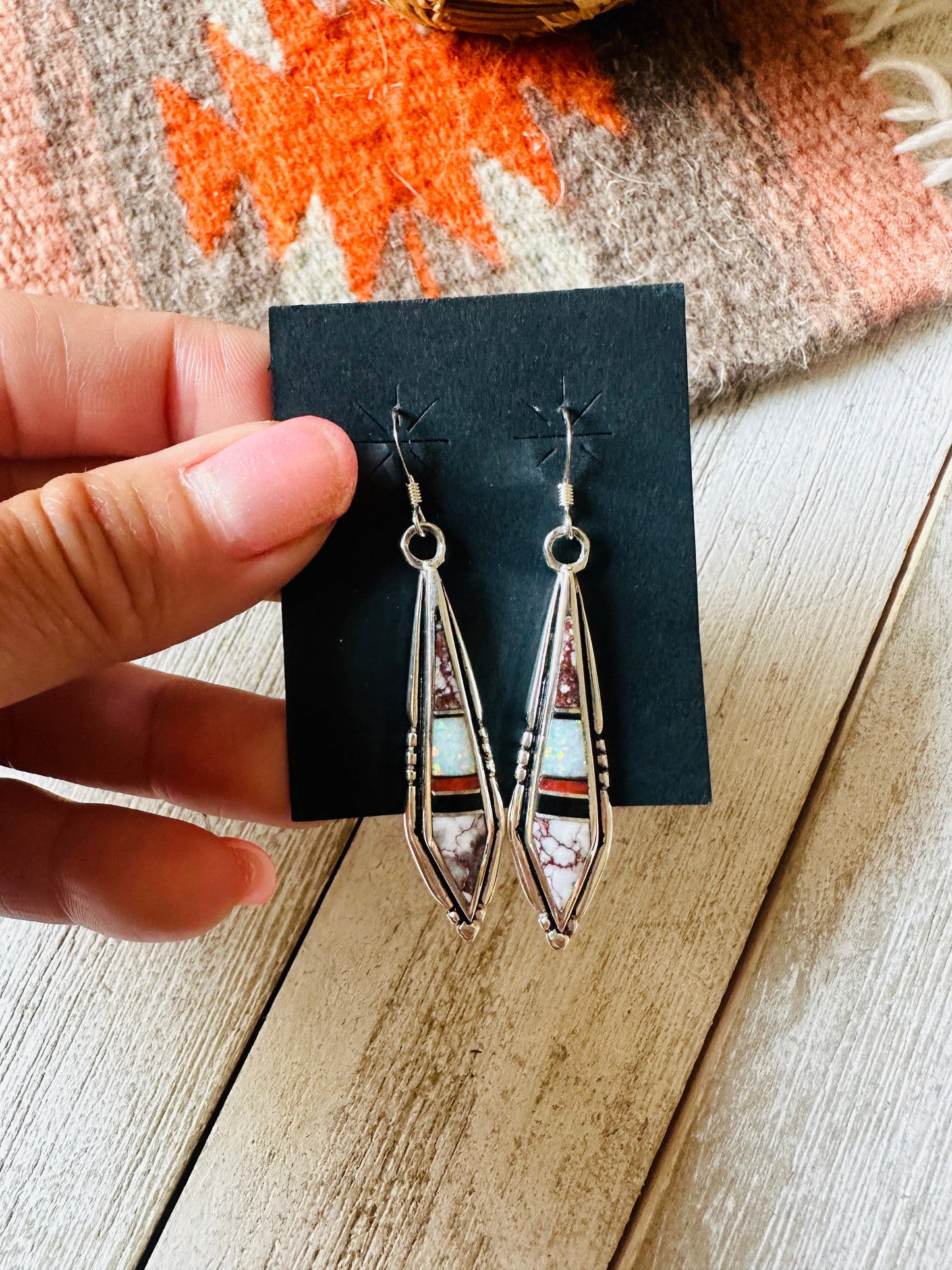 Handcrafted Sterling Silver & Multi Stone Inlay Dangle Earrings