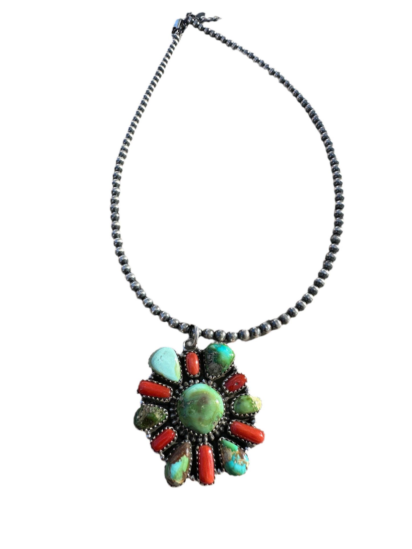 Beautiful Handmade Sterling Silver, Coral & Sonoran Turquoise Beaded Necklace