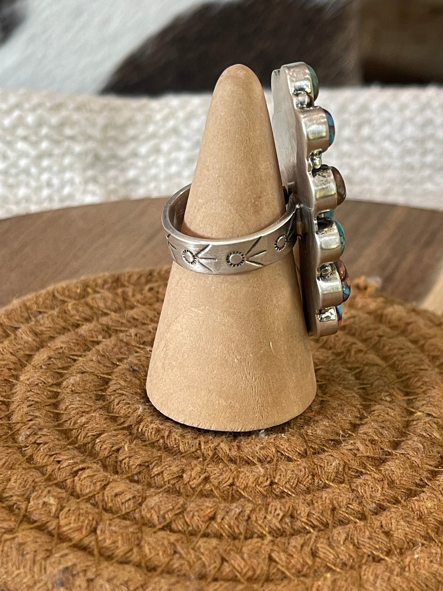 Handcrafted Sterling Silver & Multi Stone Adjustable Cluster Ring