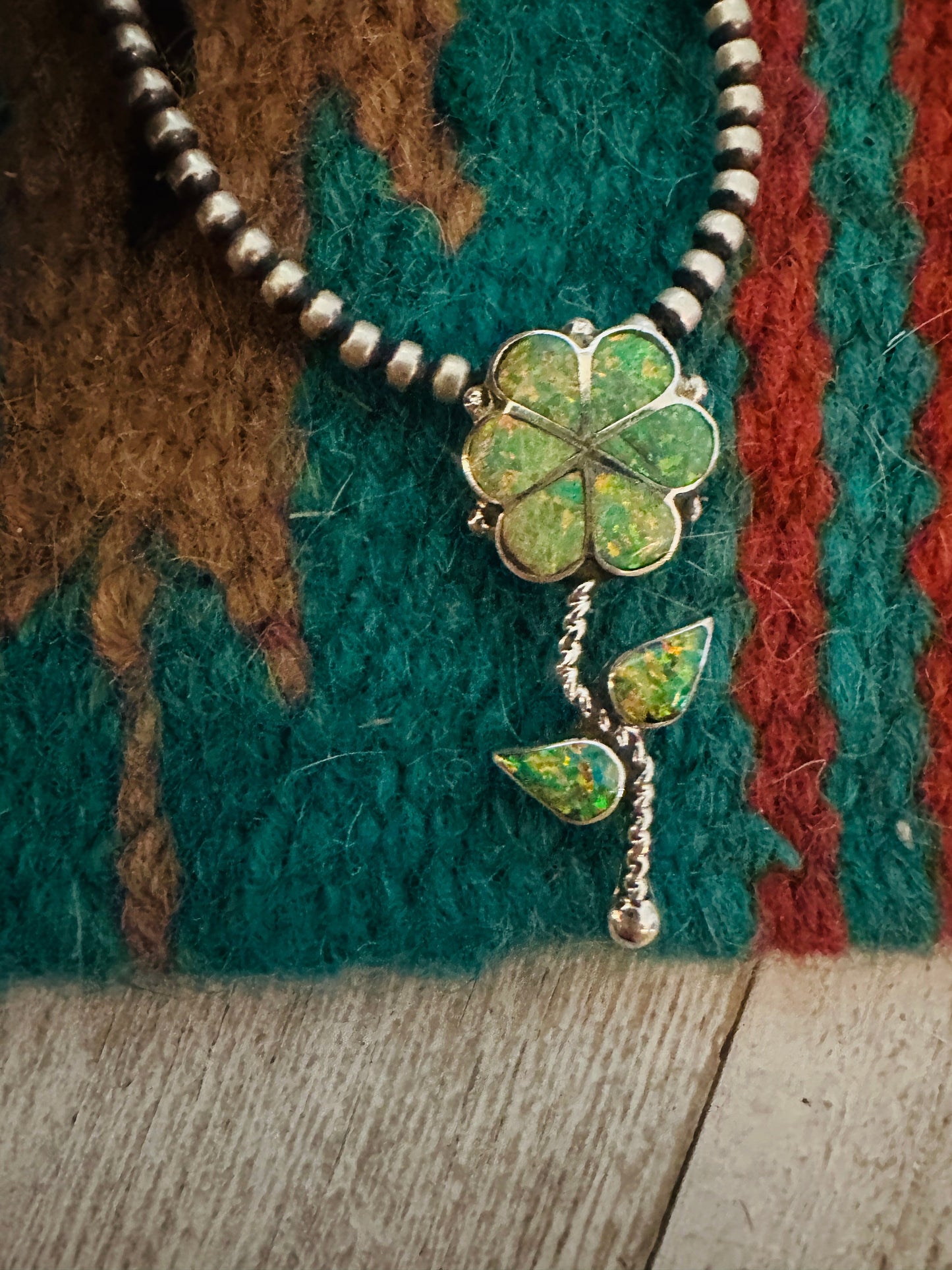 Handcrafted Green Opal & Sterling Silver Inlay Flower Pendant