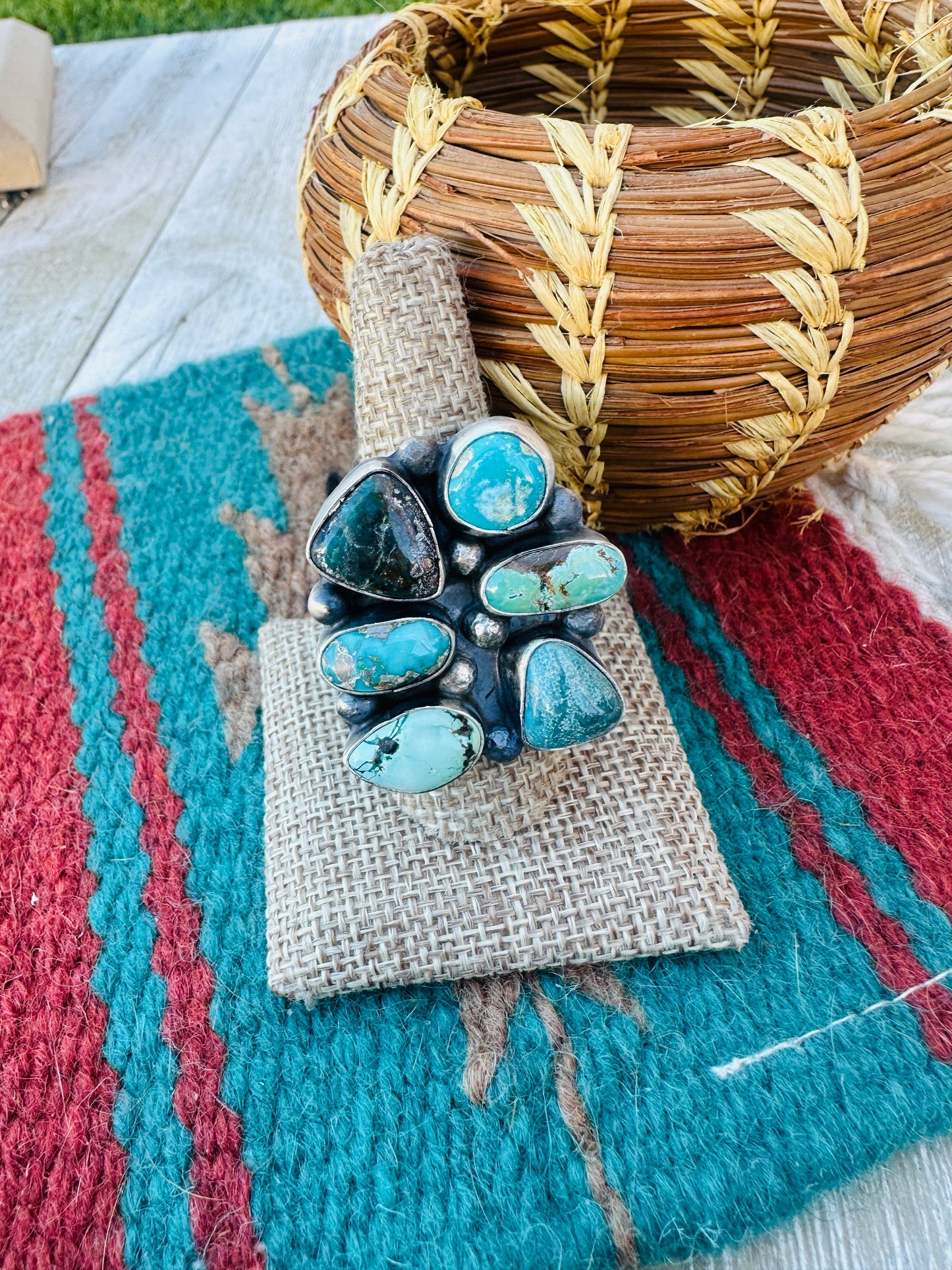 Hand Crafted Multi Turquoise & Sterling Silver Cluster Adjustable Ring by Sheila Becenti