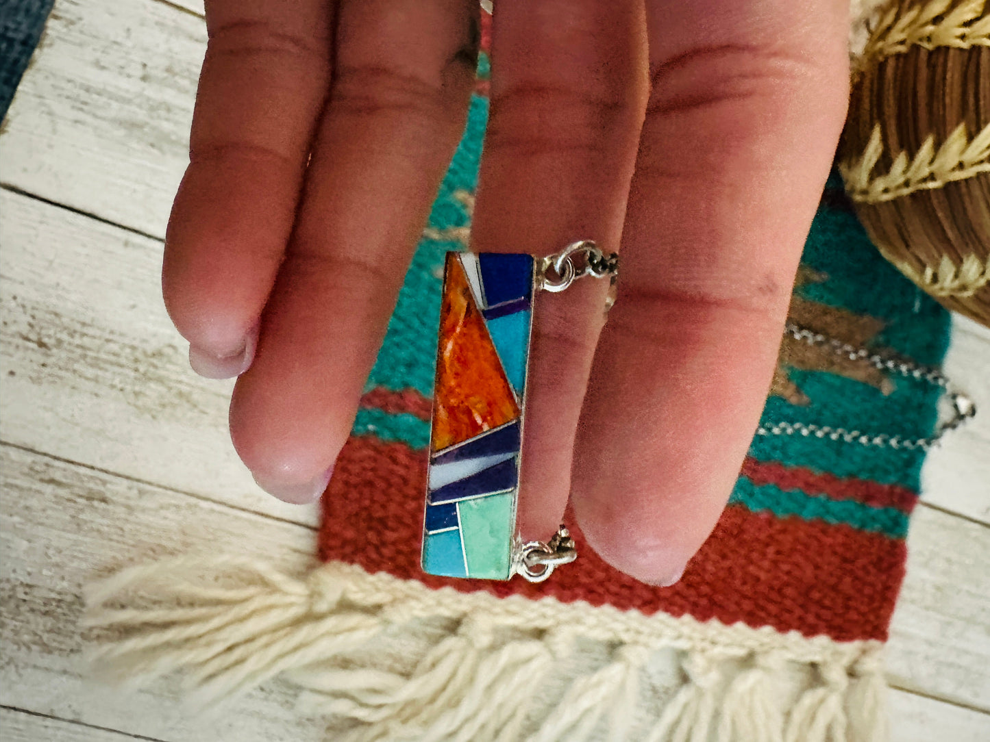 Handcrafted Multi Stone & Sterling Silver Inlay Bar Necklace