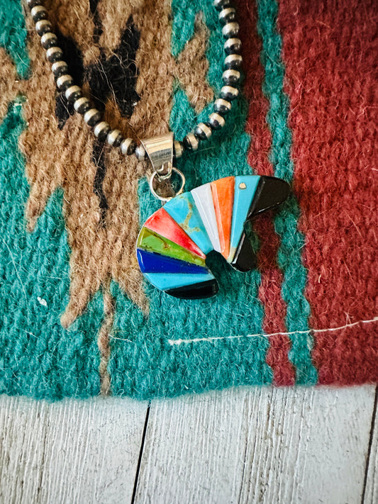 Handcrafted Multi Stone & Sterling Silver Inlay Fetish Bear Pendant