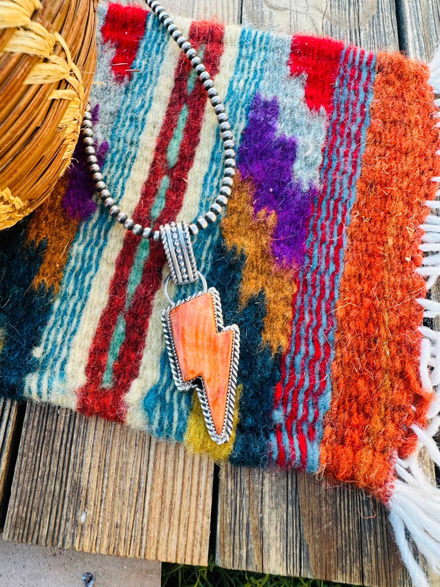 Handcrafted Spiny Oyster & Sterling Silver Lightning Bolt Pendant by Tatum Skeets