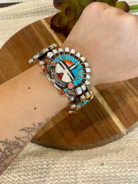 Handmade Sterling Silver & Multistone Sun Face Adjustable  Cuff Bracelet /