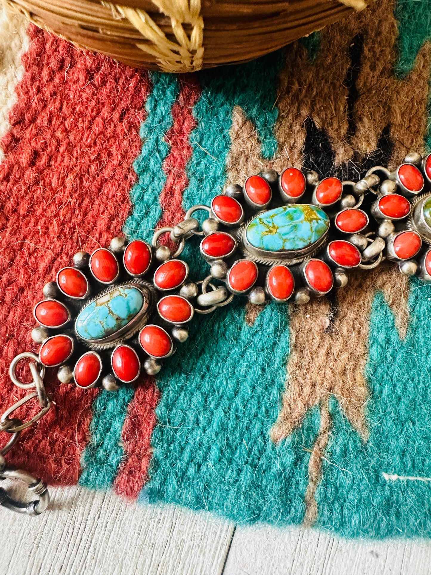 Handcrafted Coral, Turquoise & Sterling Silver Link Bracelet