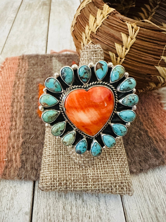 Handcrafted Sterling Silver, Spiny & Turquoise Cluster Adjustable Heart Ring