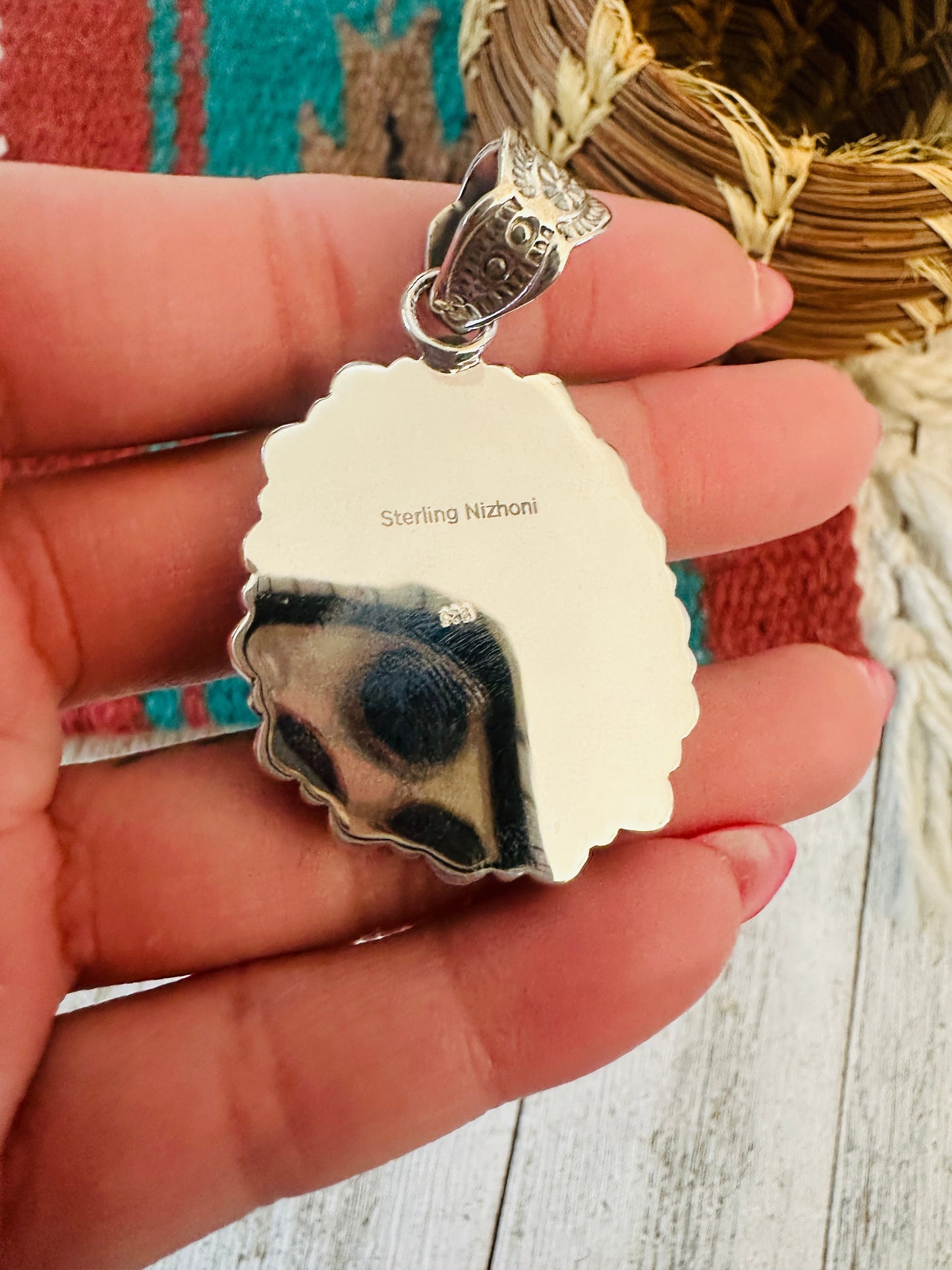 ** Christmas Collection ** Handmade Sterling Silver, Coral & Turquoise Cluster Pendant Signed Nizhoni