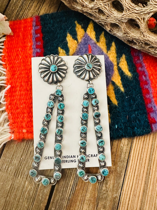 Handcrafted Sterling Silver & Turquoise Concho Dangle Earrings By Eugene Charley