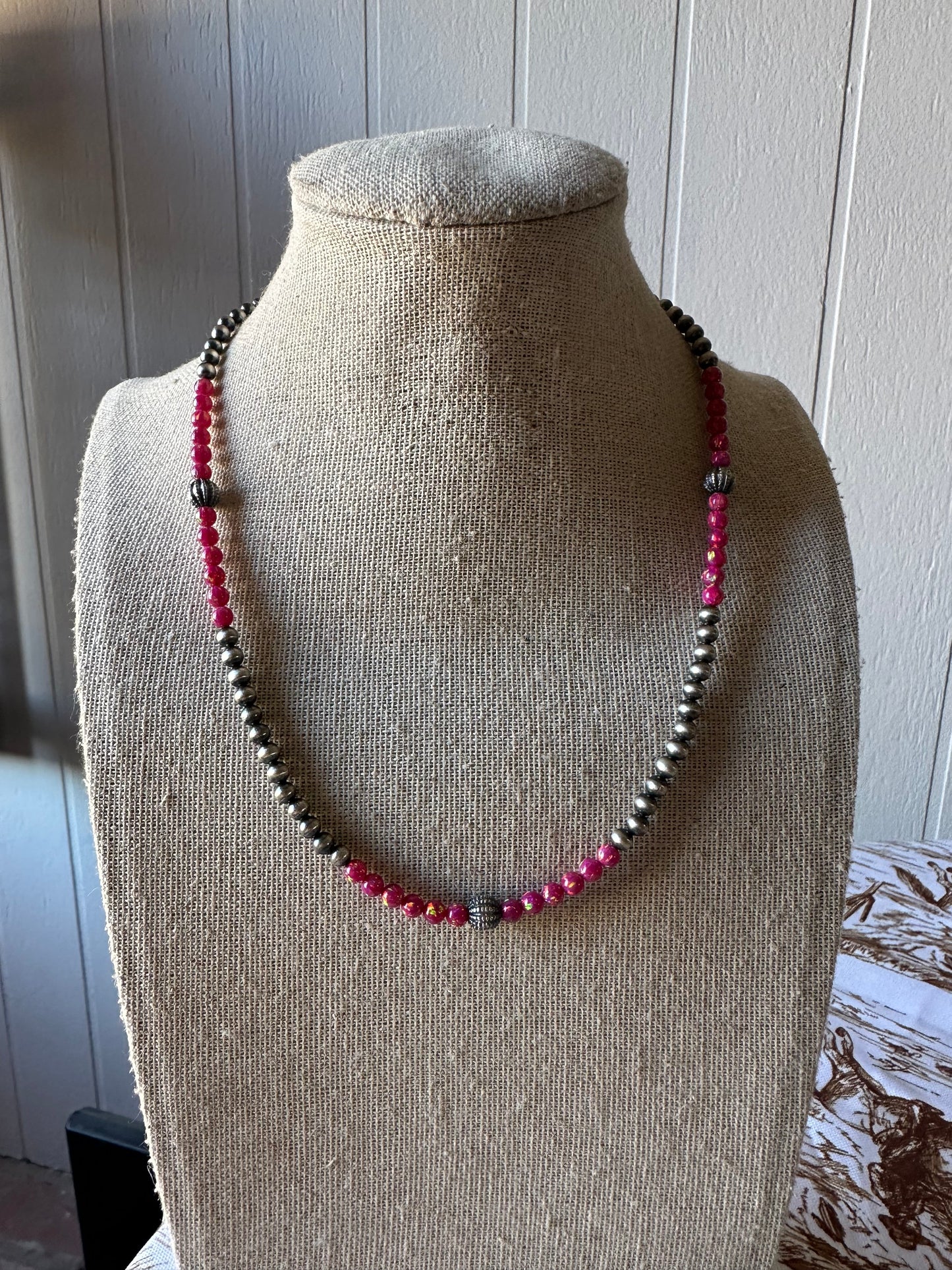 Handmade Navajo Pearl Style Sterling Silver, Dark Pink Fire Opal Beaded Necklace