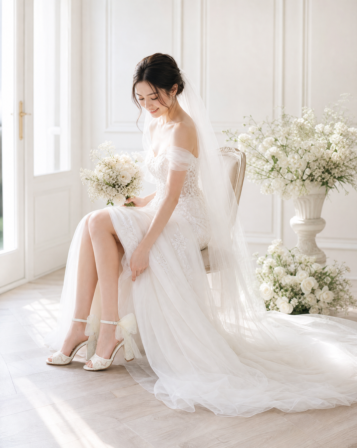 Crochet Lace Block Heel Sandals with Tulle Back Bow