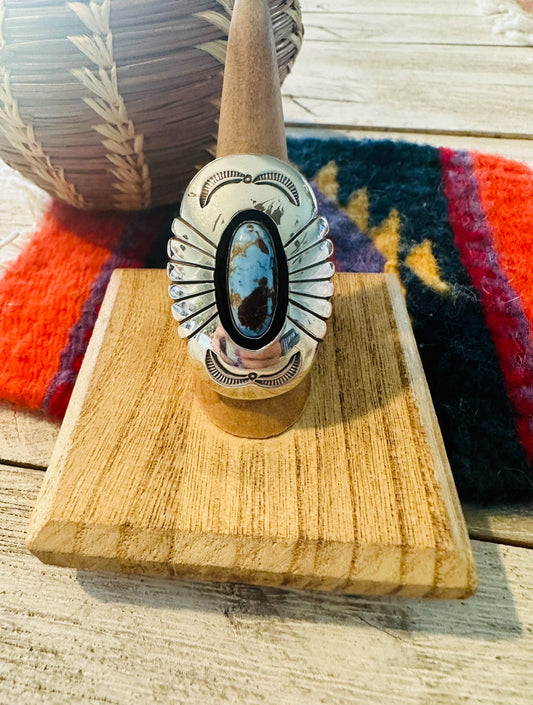 Handcrafted Golden Hills Turquoise & Sterling Silver Shadowbox Ring Size 7.5