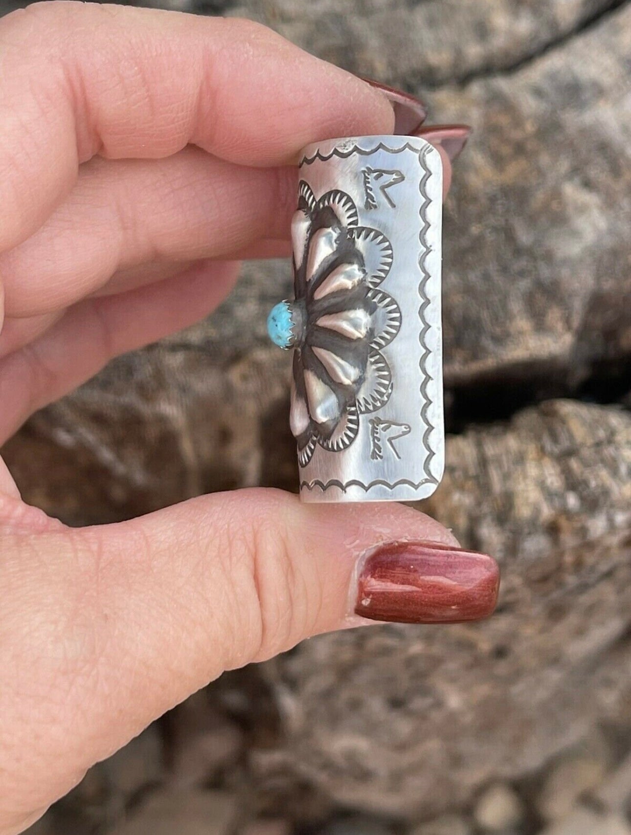 Handcrafted Sterling and Turquoise Southwest Hand Stamped Hair Ponytail / Braid Accessory 1.5 inch