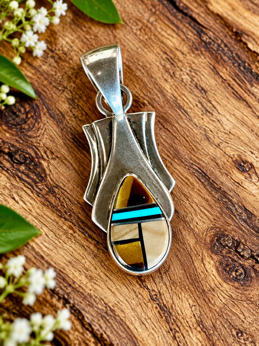 Handcrafted Multi Stone Turquoise, Onyx, Petrified Wood Pendant