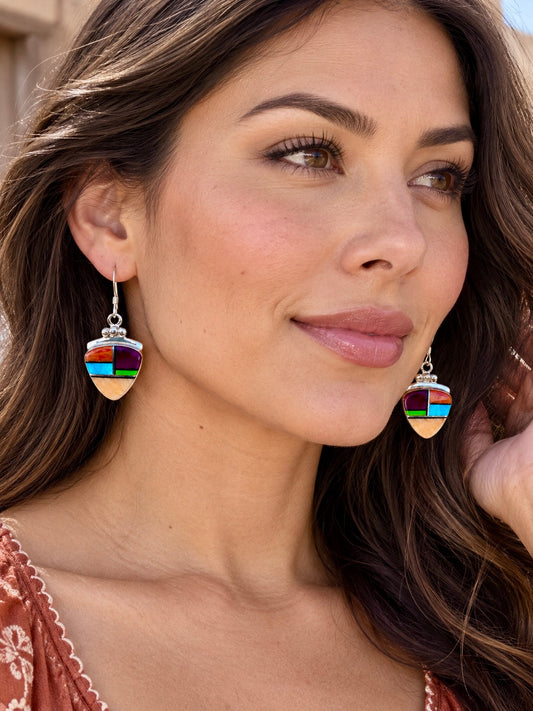 Handcrafted Multi Stone Turquoise, Orange Spiny Hook Dangle Earrings